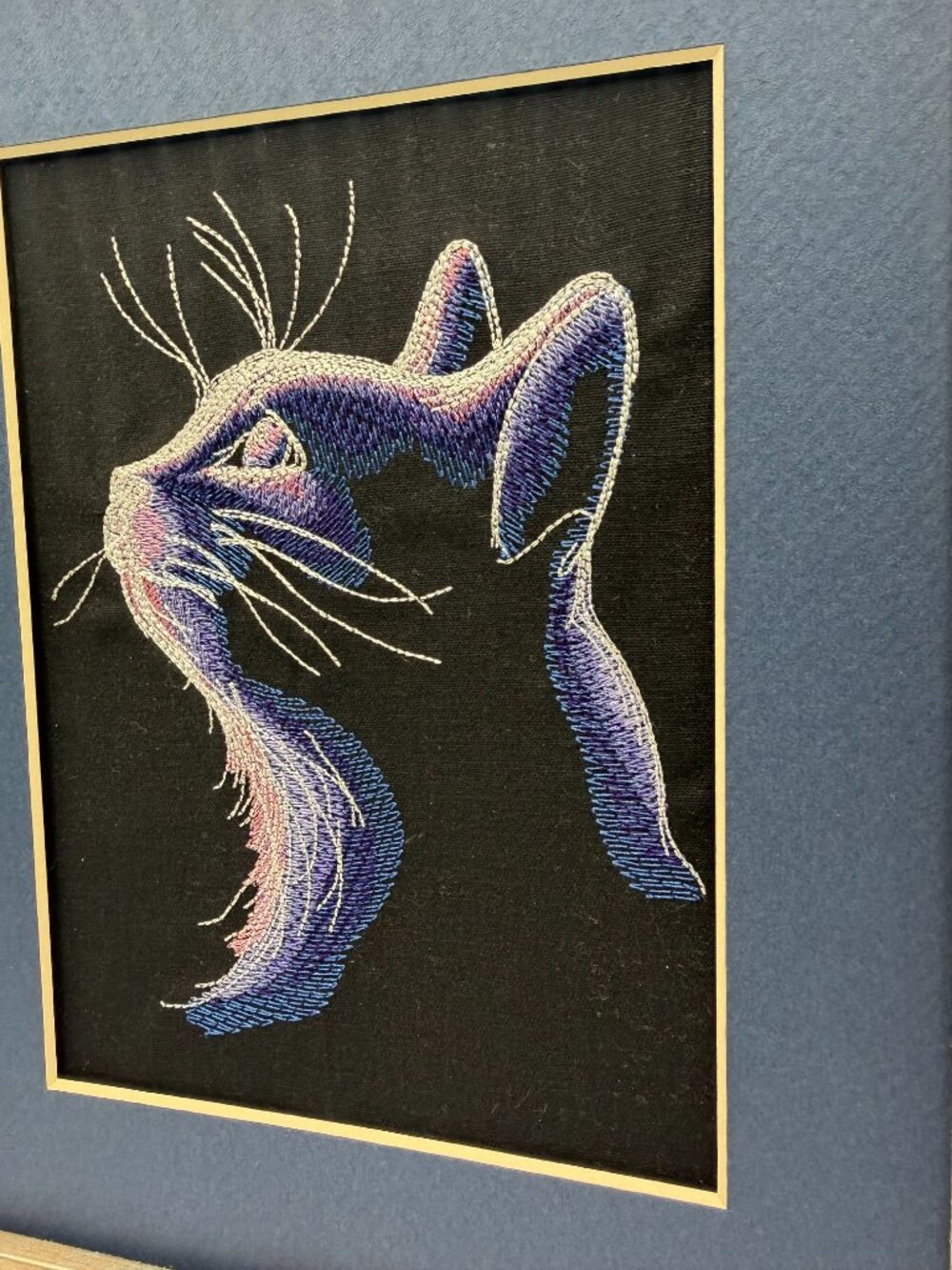 Homemade Midnight Cat Embroidered Framed Art 8X10 - Picture 3 of 6